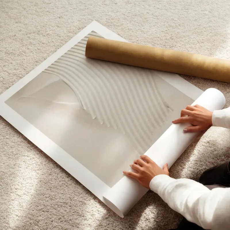 affiche beige avec texture en forme de vagues et lignes 3d pour une ambiance cal enroule.webp