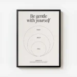 affiche beige avec typographie noire be gentle with yourself et trois cercles co avec cadre.webp