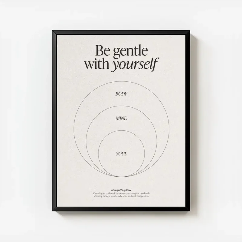 affiche beige avec typographie noire be gentle with yourself et trois cercles co avec cadre.webp