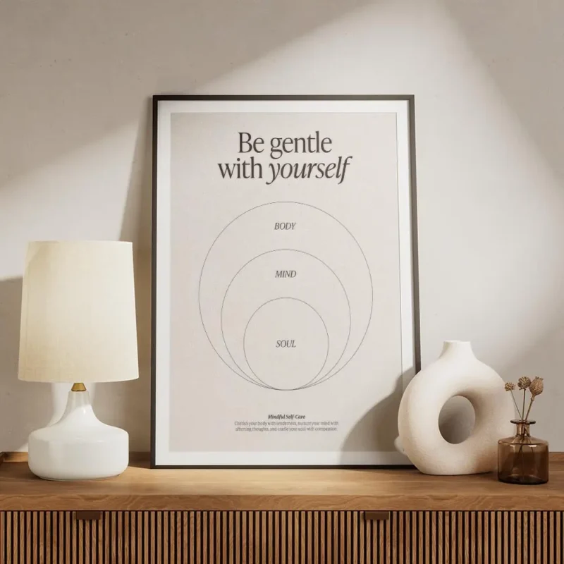 affiche beige avec typographie noire be gentle with yourself et trois cercles co meuble.webp