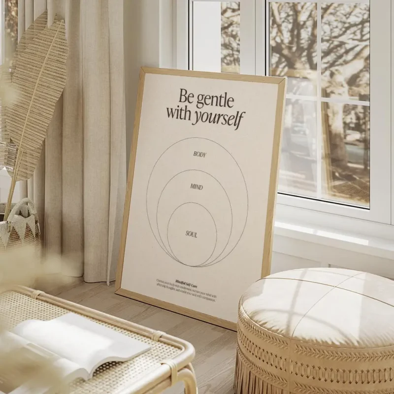 affiche beige avec typographie noire be gentle with yourself et trois cercles co salon beige.webp