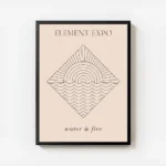 affiche beige avec un dessin feu et eau stylise en typographie et une illustrati avec cadre.webp