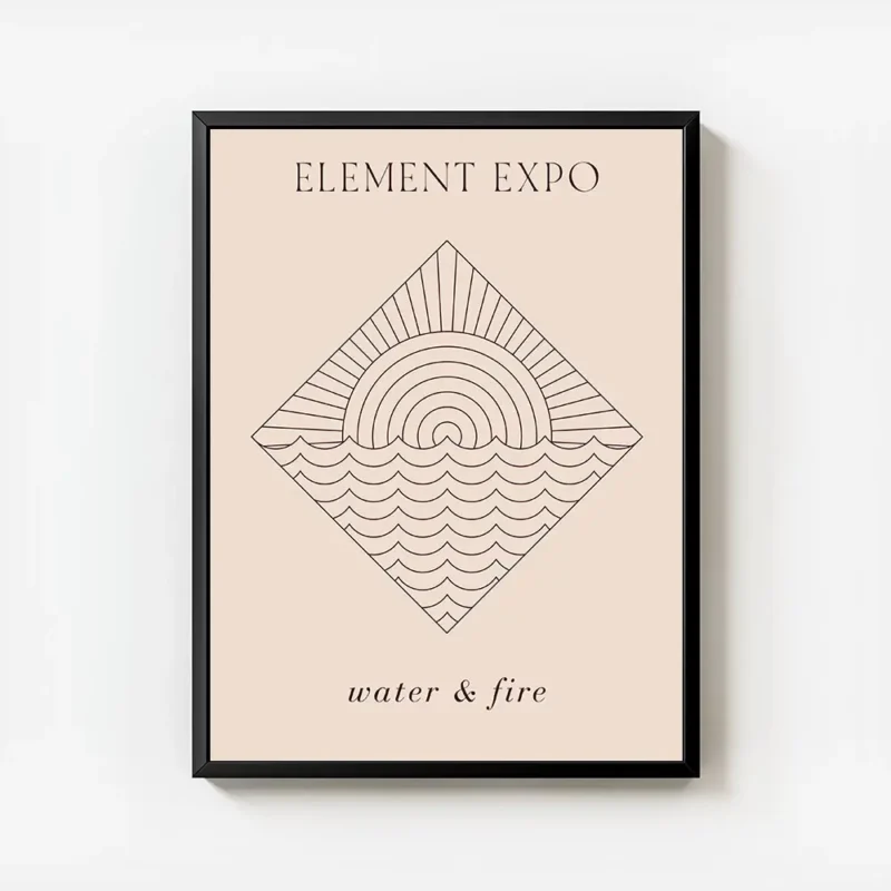 affiche beige avec un dessin feu et eau stylise en typographie et une illustrati avec cadre.webp