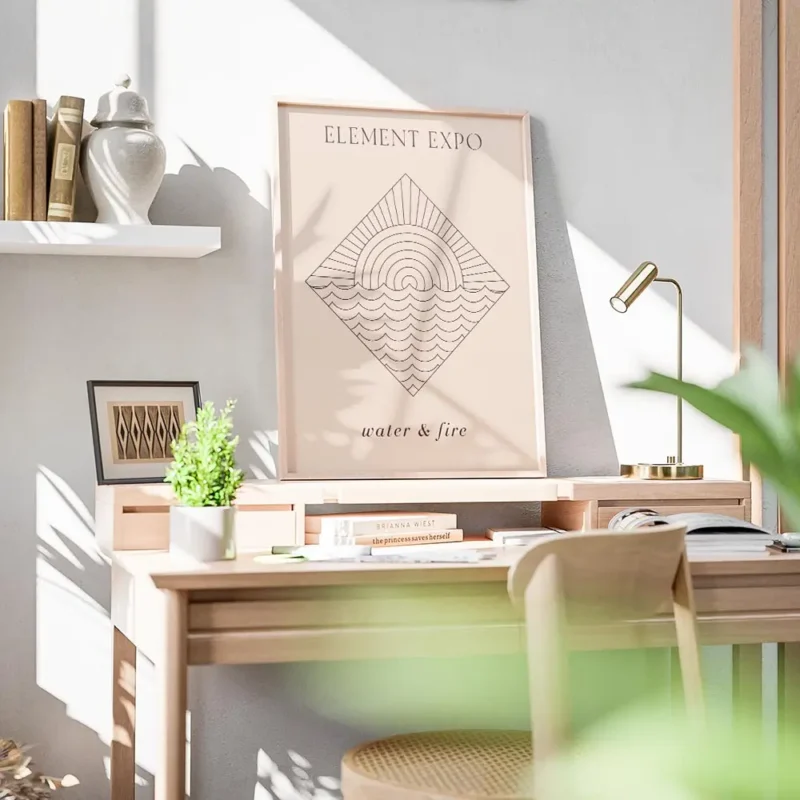 affiche beige avec un dessin feu et eau stylise en typographie et une illustrati bureau.webp