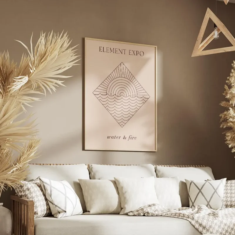 affiche beige avec un dessin feu et eau stylise en typographie et une illustrati salon.webp