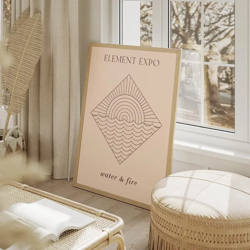 affiche beige avec un dessin feu et eau stylise en typographie et une illustrati salon beige.webp