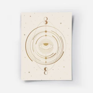 affiche beige avec un il celeste au centre entoure de cercles et de symboles lun.webp