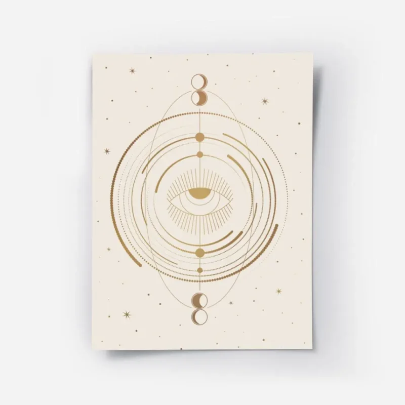 affiche beige avec un il celeste au centre entoure de cercles et de symboles lun.webp