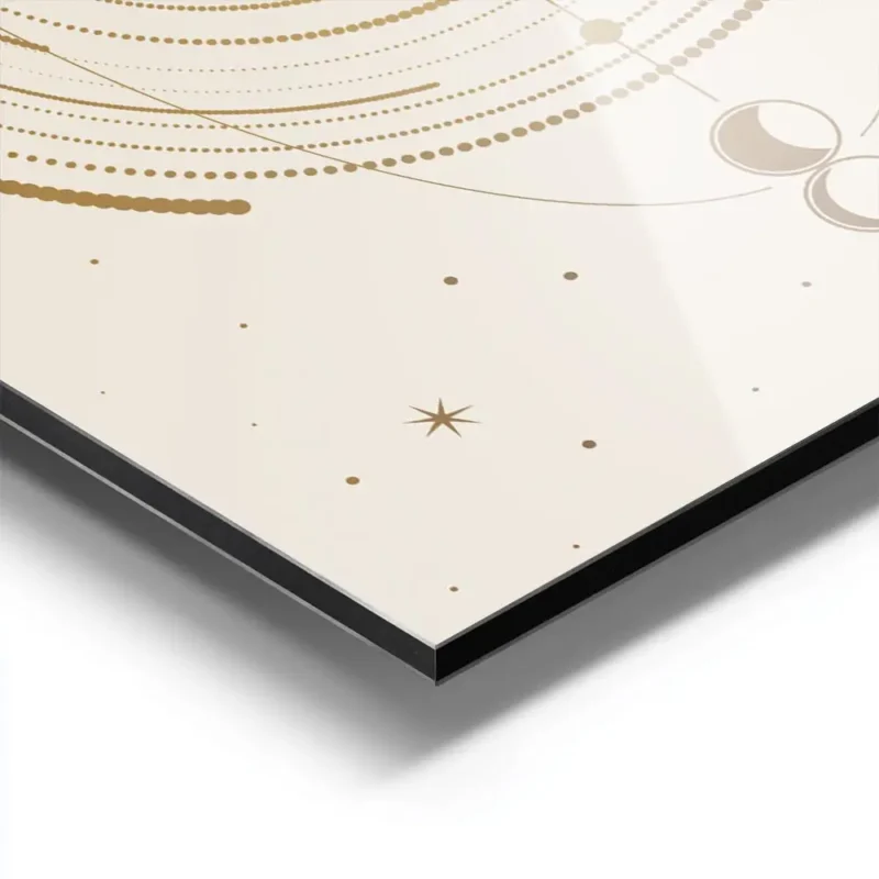affiche beige avec un il celeste au centre entoure de cercles et de symboles lun aluminium.webp