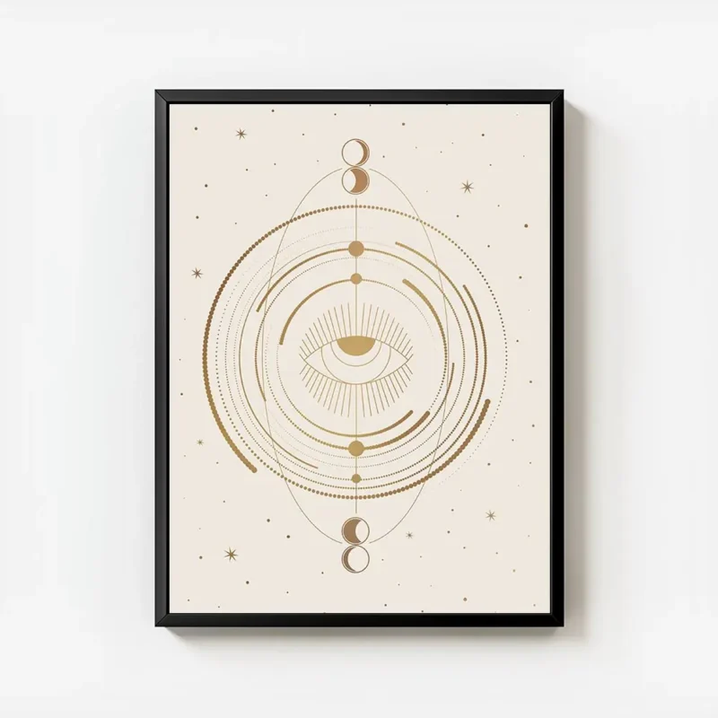 affiche beige avec un il celeste au centre entoure de cercles et de symboles lun avec cadre.webp