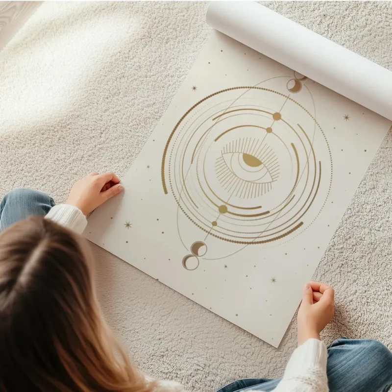 affiche beige avec un il celeste au centre entoure de cercles et de symboles lun en rouleau.webp