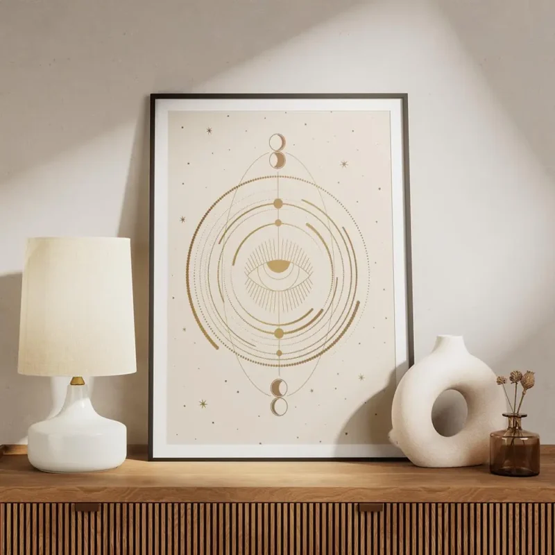 affiche beige avec un il celeste au centre entoure de cercles et de symboles lun meuble.webp