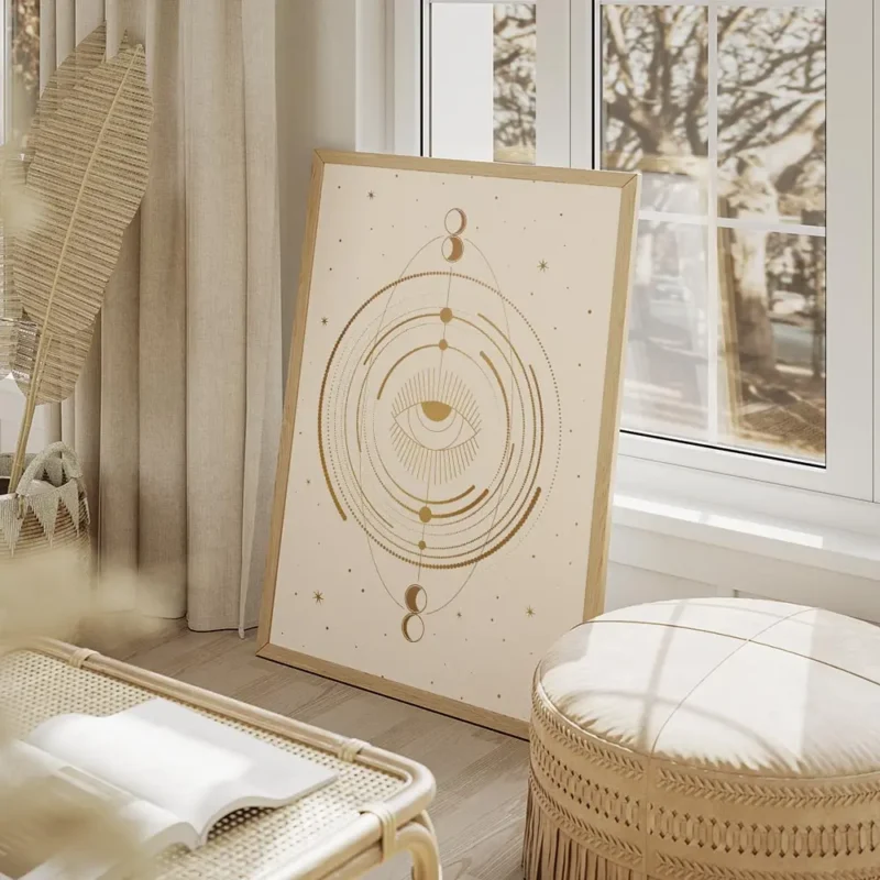 affiche beige avec un il celeste au centre entoure de cercles et de symboles lun salon beige.webp