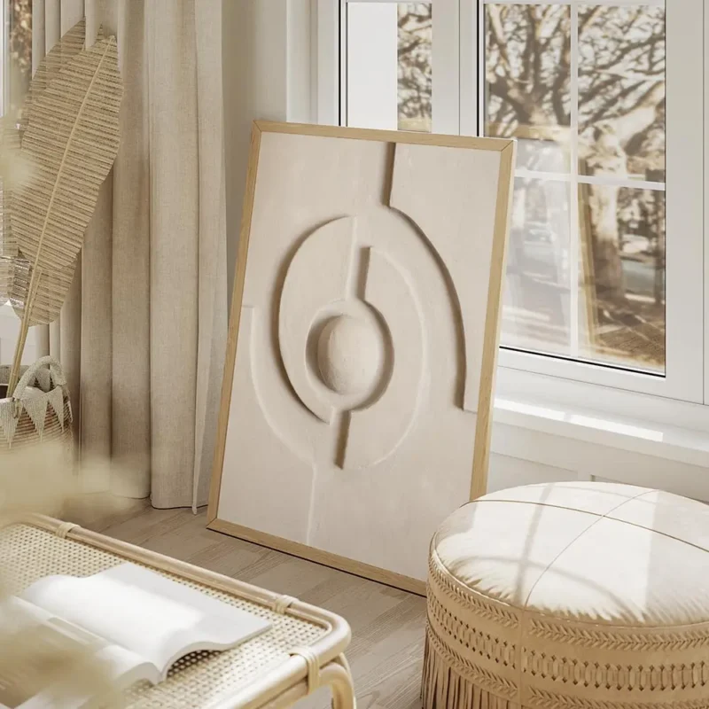 affiche beige avec un motif de cercle et de formes geometriques en relief textur salon beige.webp