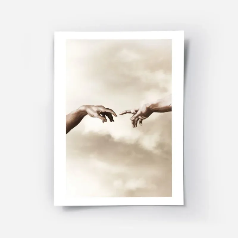 affiche beige de la creation dadam de michel ange mains se touchant avec typogra.webp