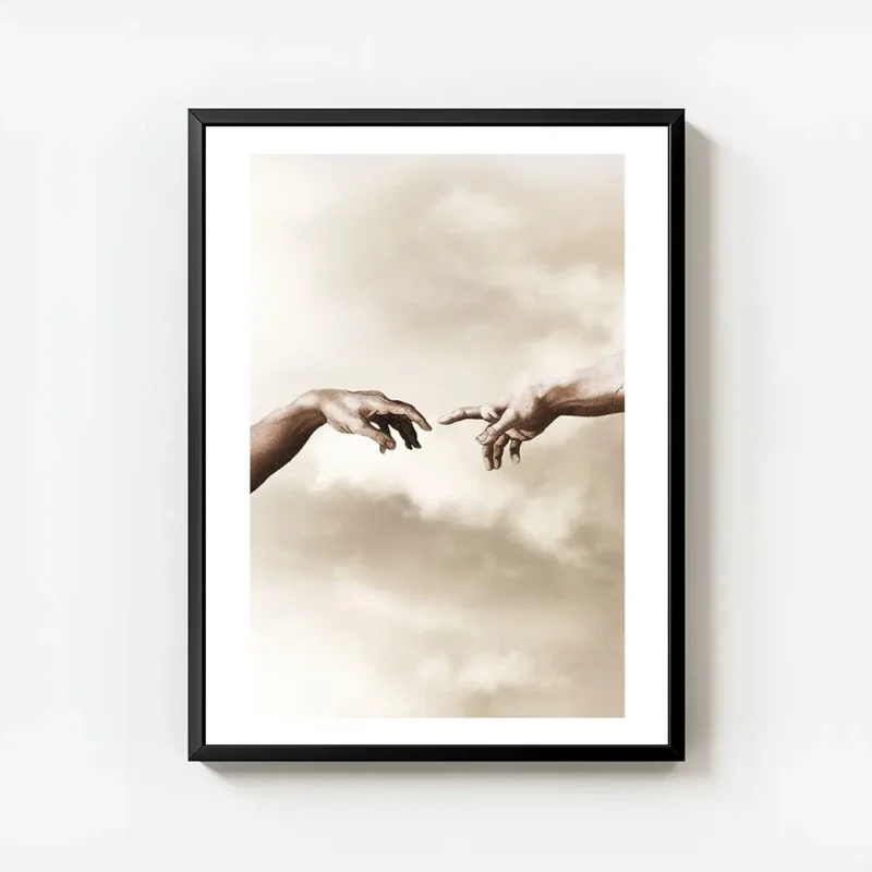affiche beige de la creation dadam de michel ange mains se touchant avec typogra avec cadre.webp