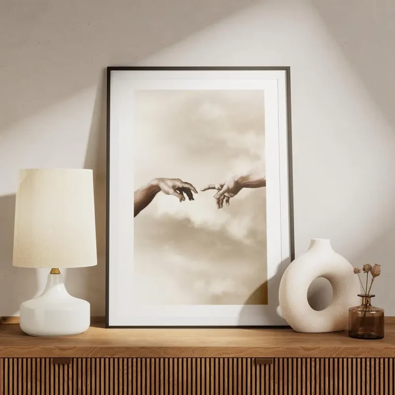 affiche beige de la creation dadam de michel ange mains se touchant avec typogra meuble.webp