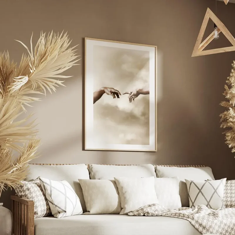 affiche beige de la creation dadam de michel ange mains se touchant avec typogra salon.webp