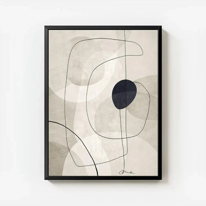 affiche beige graphics no1 illustration abstraite avec lignes noires et formes b avec cadre.webp