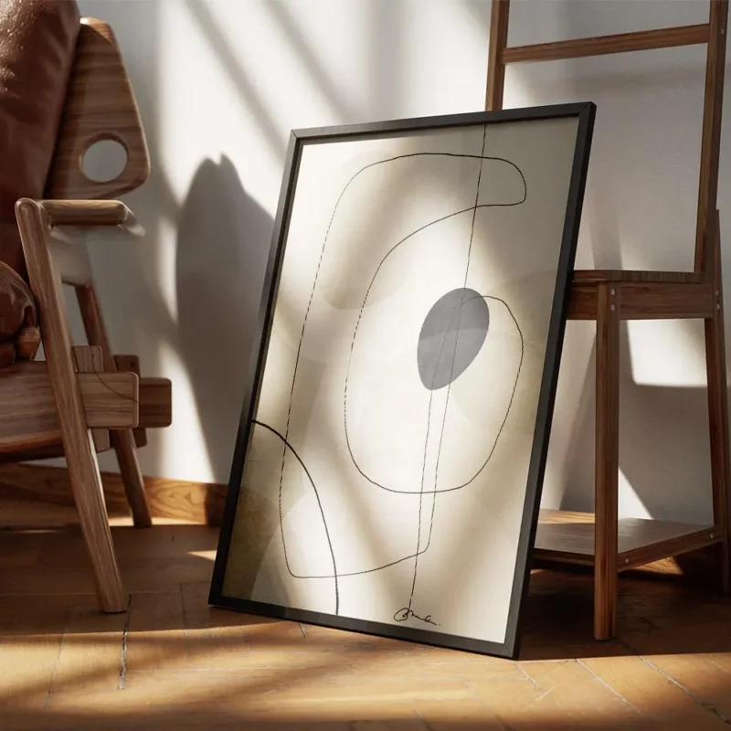 affiche beige graphics no1 illustration abstraite avec lignes noires et formes b encadre.webp