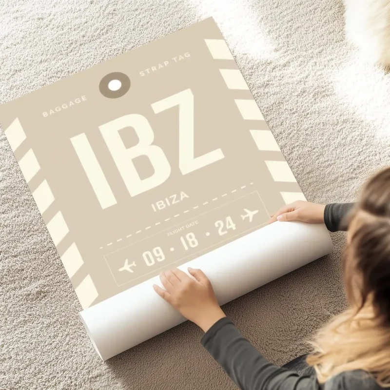 affiche beige personnalisee style etiquette de bagage pour ibiza avec texte noir au sol.webp