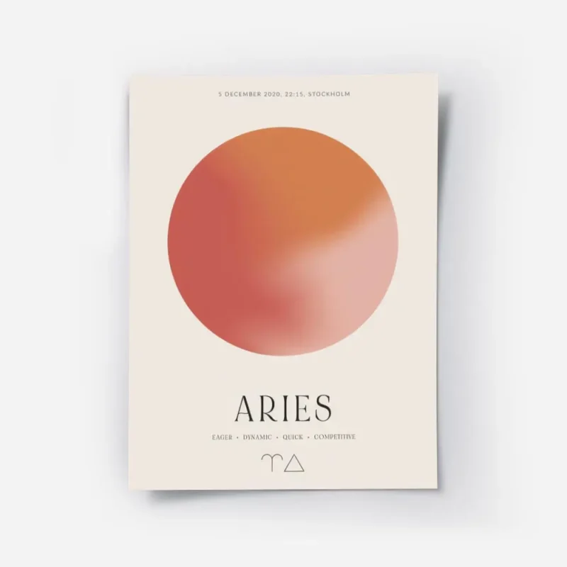 affiche belier avec globe degrade rose et orange et typographie aries avec trait.webp