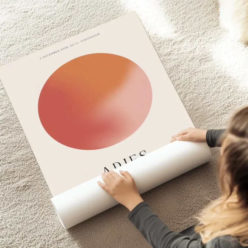 affiche belier avec globe degrade rose et orange et typographie aries avec trait au sol.webp