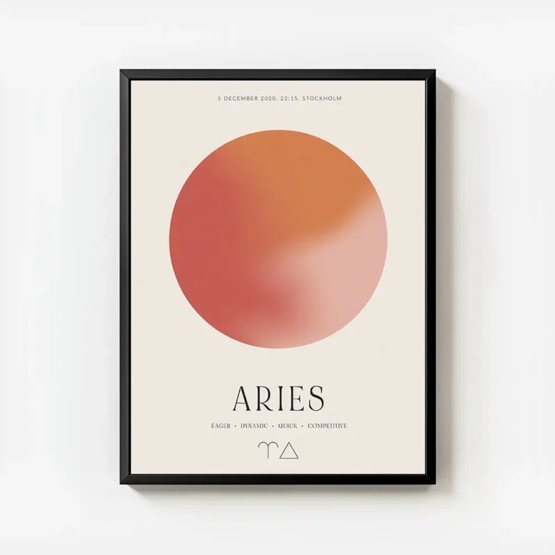 affiche belier avec globe degrade rose et orange et typographie aries avec trait avec cadre.webp