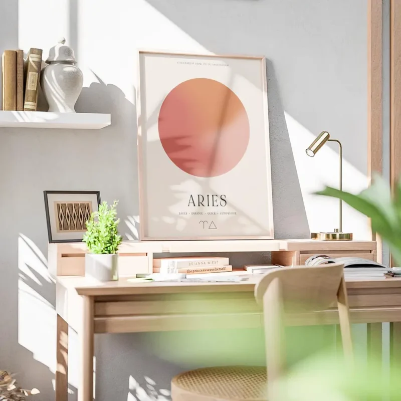 affiche belier avec globe degrade rose et orange et typographie aries avec trait bureau.webp