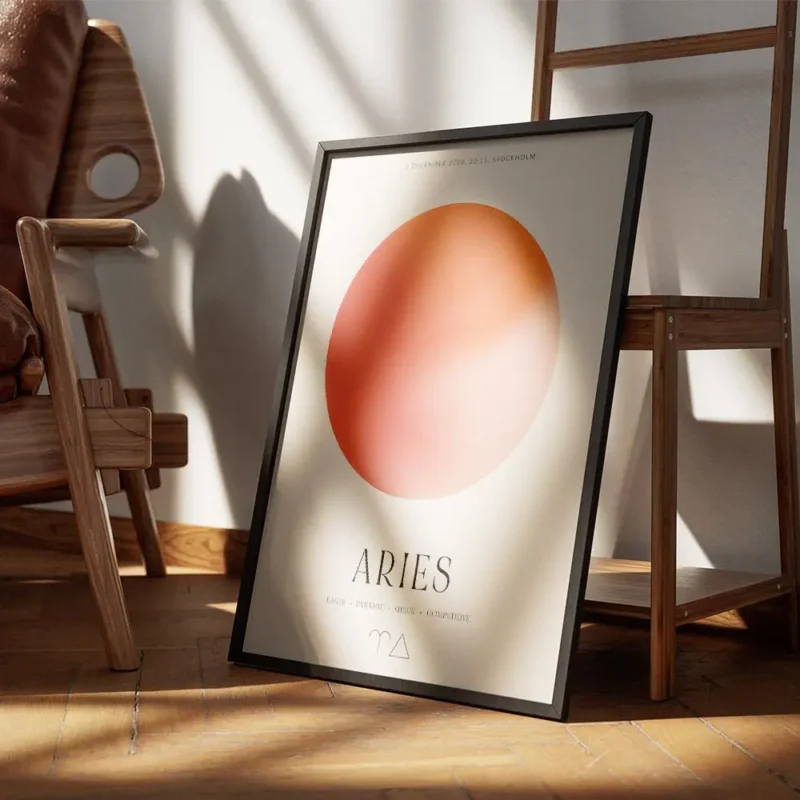 affiche belier avec globe degrade rose et orange et typographie aries avec trait encadre.webp