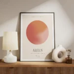 affiche belier avec globe degrade rose et orange et typographie aries avec trait meuble.webp
