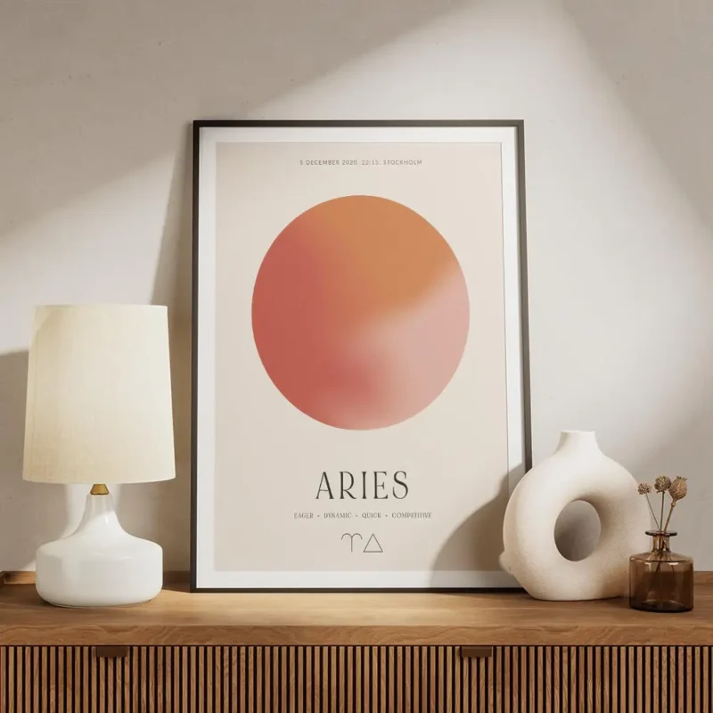 affiche belier avec globe degrade rose et orange et typographie aries avec trait meuble.webp