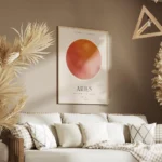 affiche belier avec globe degrade rose et orange et typographie aries avec trait salon.webp