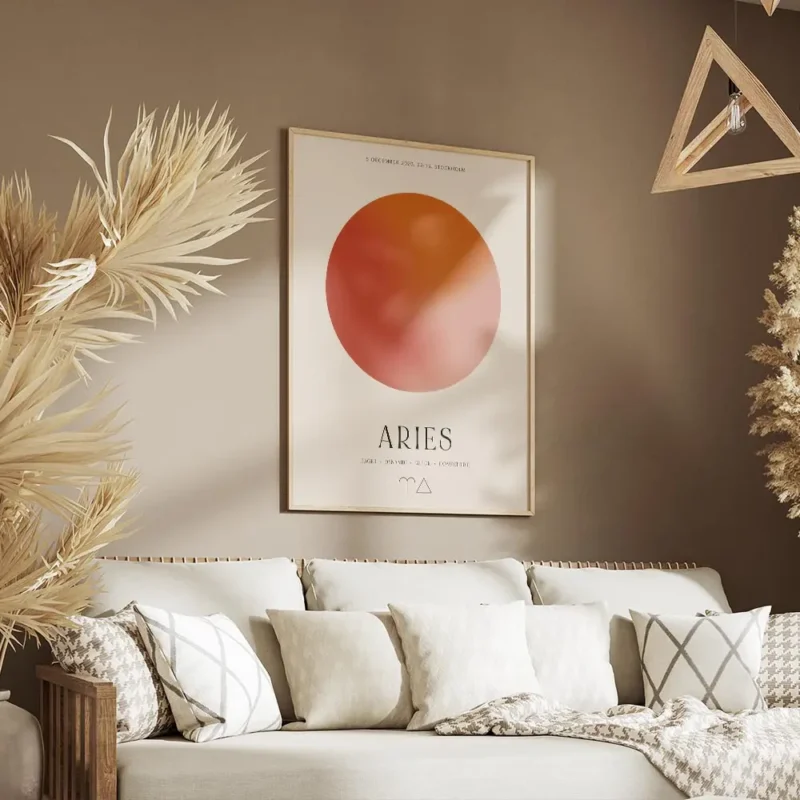 affiche belier avec globe degrade rose et orange et typographie aries avec trait salon.webp