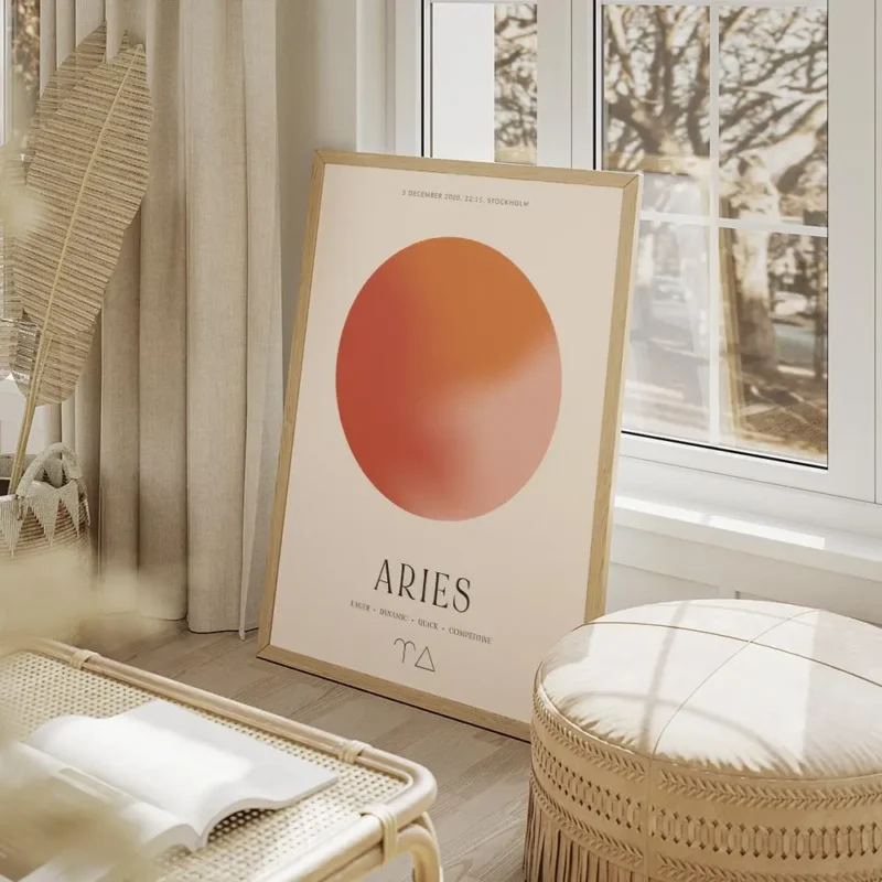 affiche belier avec globe degrade rose et orange et typographie aries avec trait salon beige.webp