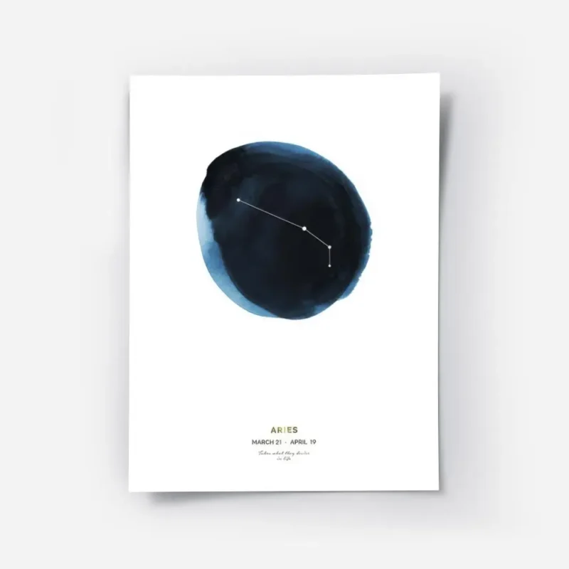 affiche belier constellation du belier sur cercle bleu aquarelle et texte dore.webp