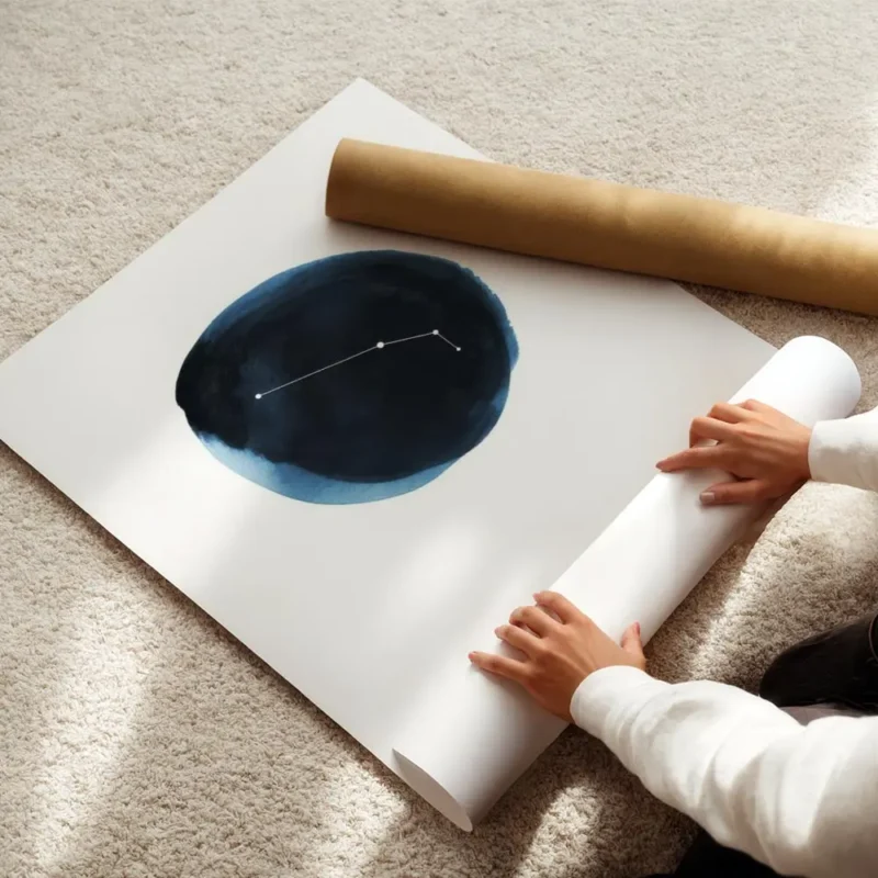 affiche belier constellation du belier sur cercle bleu aquarelle et texte dore enroule.webp