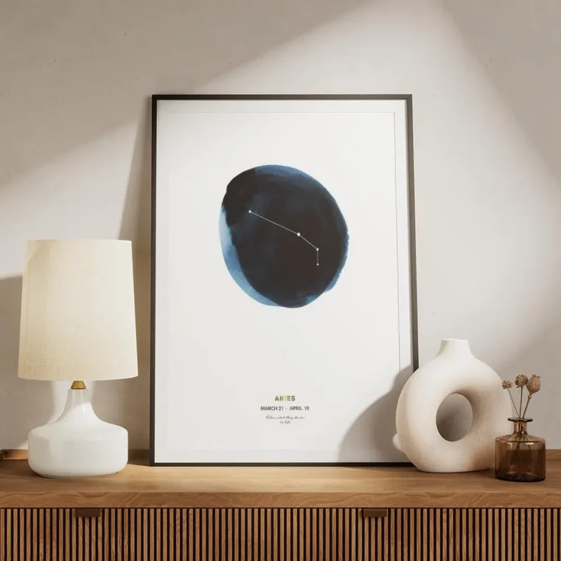 affiche belier constellation du belier sur cercle bleu aquarelle et texte dore meuble.webp