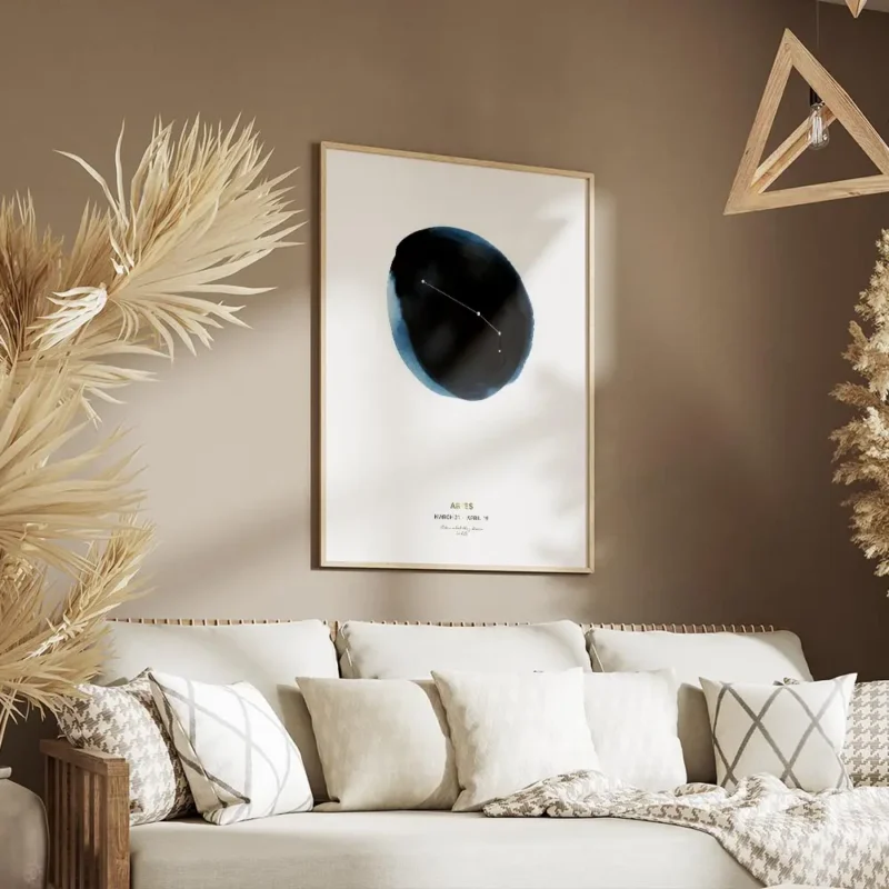affiche belier constellation du belier sur cercle bleu aquarelle et texte dore salon.webp