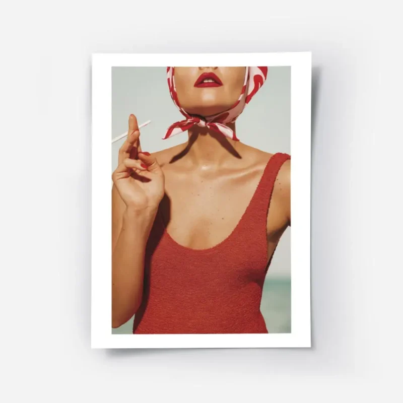 affiche bella donna femme elegante en maillot de bain rouge levres ecarlates fou.webp