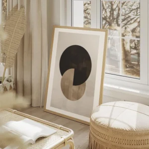 affiche berlin shapes no2 avec des cercles superposes noir et beige sur fond gri salon beige.webp