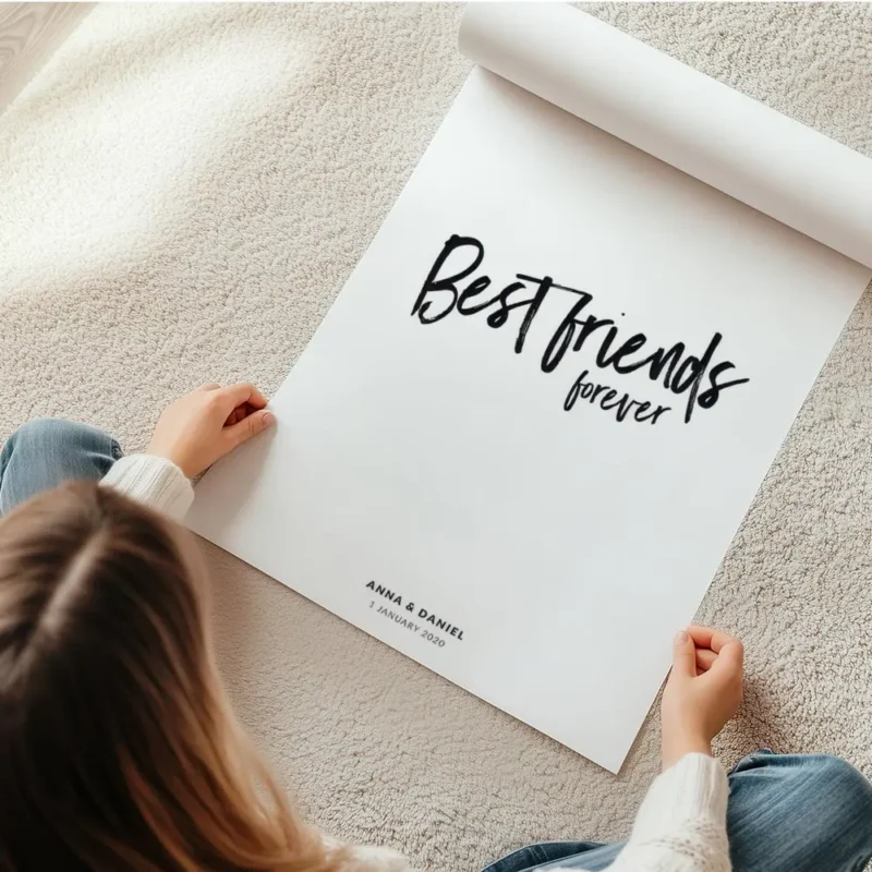 affiche best friends forever avec texte noir manuscrit et typographie sous forme en rouleau.webp