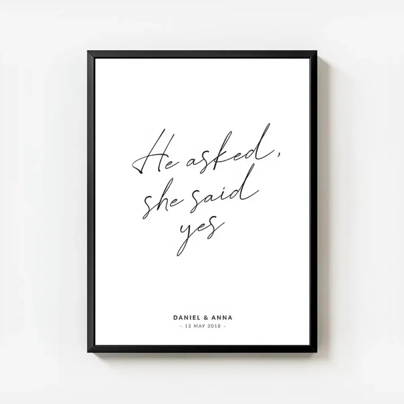 affiche blanche avec le texte he asked she said yes en typographie manuscrite no avec cadre.webp