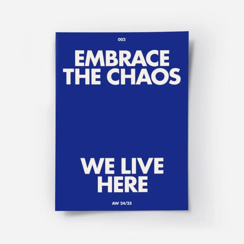 affiche bleue avec le texte embrace the chaos et we live here en blanc casse sty.webp