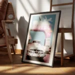 affiche blue swallow motel avec voiture vintage pontiac et enseigne neon lumineu encadre.webp