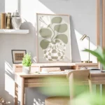 affiche bold flower une fleur blanche stylisee avec des feuilles vertes dans un bureau.webp