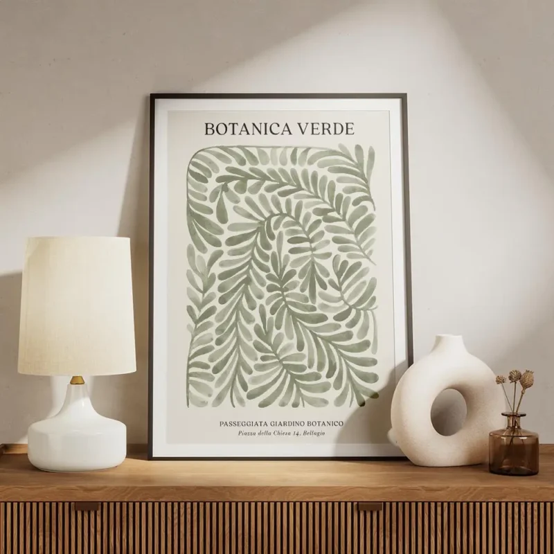 affiche botanica verde avec des feuilles vertes en aquarelle sur fond clair text meuble.webp