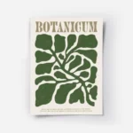 affiche botanicum avec des feuilles organiques vert fonce sur fond beige et text.webp