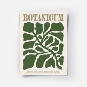 affiche botanicum avec des feuilles organiques vert fonce sur fond beige et text.webp