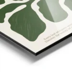affiche botanicum avec des feuilles organiques vert fonce sur fond beige et text aluminium.webp